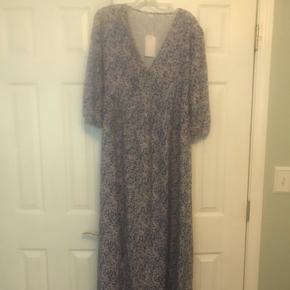 Maxi Dress Size Large Blue Background Cream Cherry Blossom Print